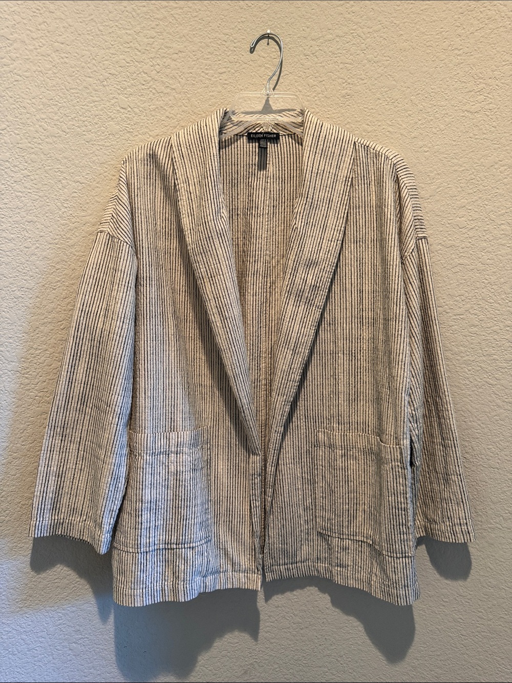 Eileen Fisher Beige and Cream Striped Linen-Blend Open Jacket